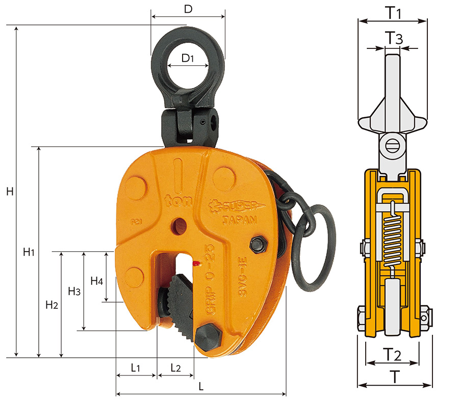 VERTICAL LIFTING CLAMP WITH UNIVERSAL SHACKLE (SVC-E) - Dimensions